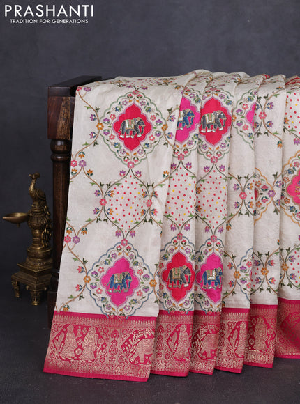 Banarasi crepe saree cream and pink with prints & sequin embroidery work and zari woven border