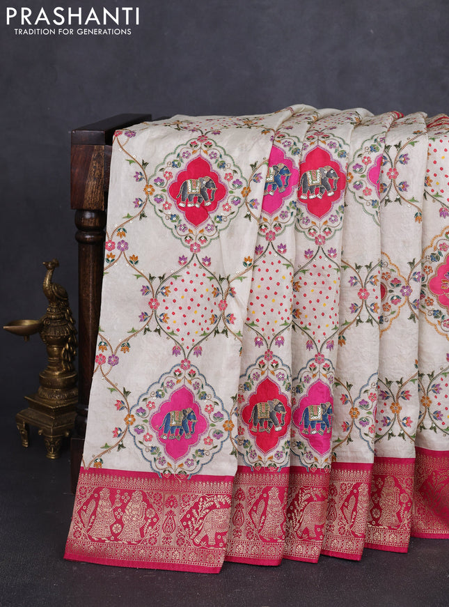 Banarasi crepe saree cream and pink with prints & sequin embroidery work and zari woven border
