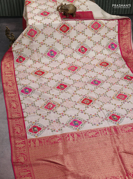 Banarasi crepe saree cream and pink with prints & sequin embroidery work and zari woven border
