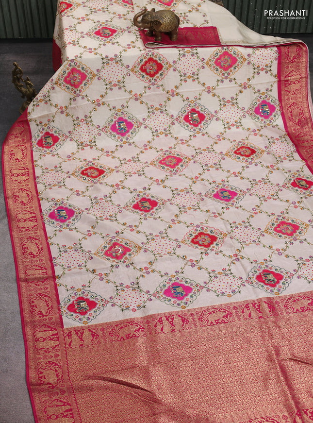 Banarasi crepe saree cream and pink with prints & sequin embroidery work and zari woven border