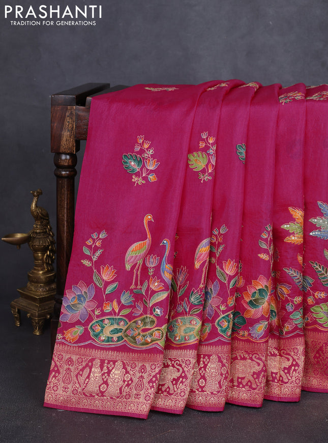 Banarasi crepe saree pink with prints & embroidery work and zari woven border