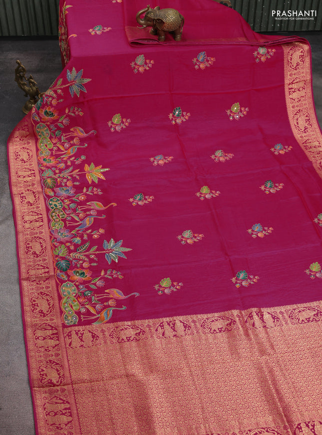 Banarasi crepe saree pink with prints & embroidery work and zari woven border