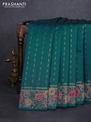 Pure dupion silk saree teal green shade with allover zari woven buttas and zari woven floral embroidery border