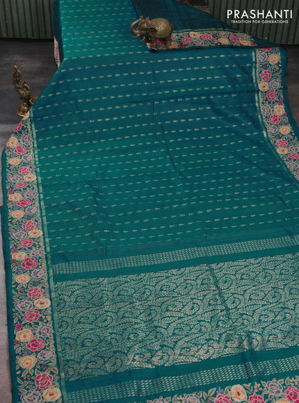 Pure dupion silk saree teal green shade with allover zari woven buttas and zari woven floral embroidery border