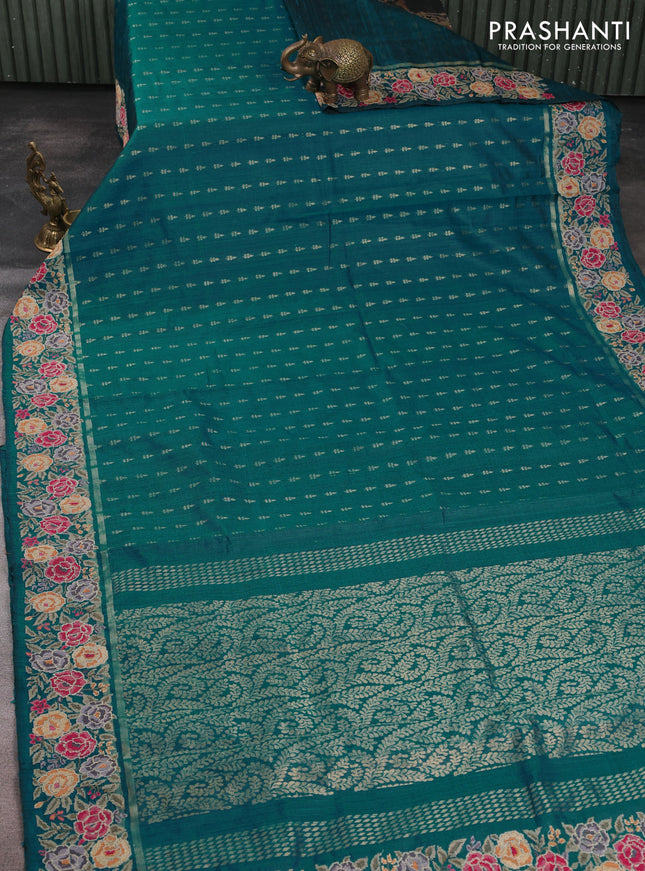Pure dupion silk saree teal green shade with allover zari woven buttas and zari woven floral embroidery border
