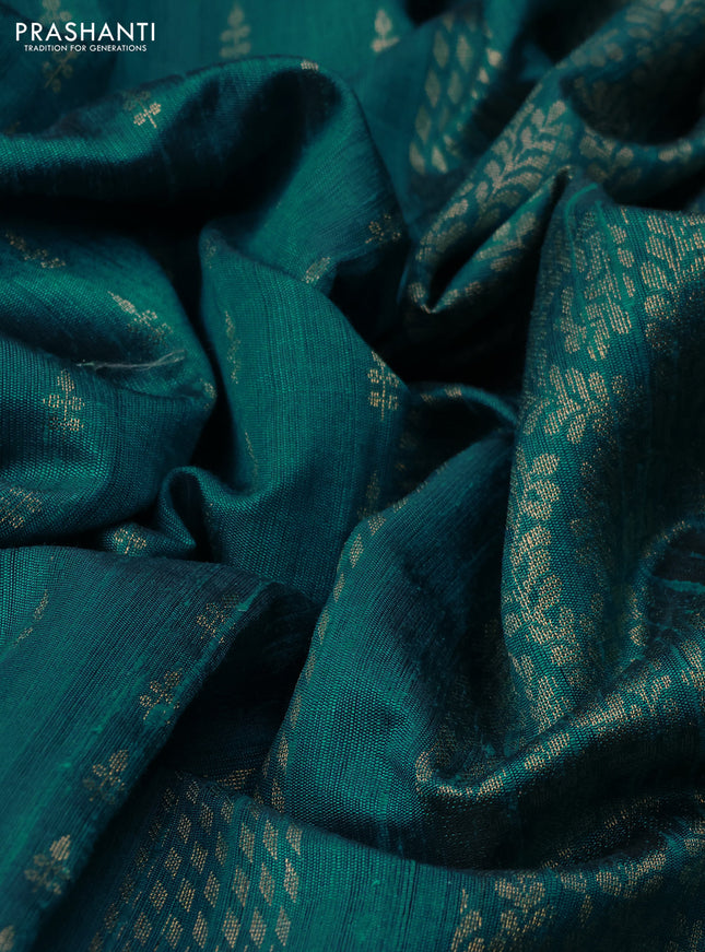 Pure dupion silk saree teal green shade with allover zari woven buttas and zari woven floral embroidery border