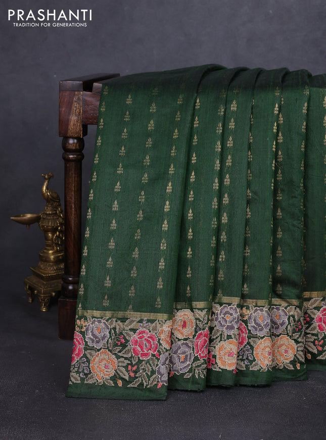 Pure dupion silk saree sap green with allover zari woven buttas and zari woven floral embroidery border