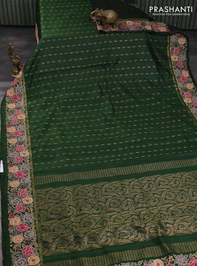 Pure dupion silk saree sap green with allover zari woven buttas and zari woven floral embroidery border