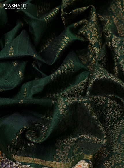 Pure dupion silk saree sap green with allover zari woven buttas and zari woven floral embroidery border