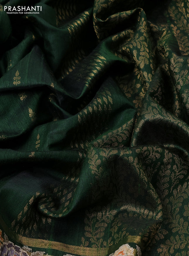 Pure dupion silk saree sap green with allover zari woven buttas and zari woven floral embroidery border