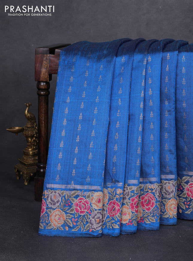 Pure dupion silk saree cs blue with allover zari woven buttas and zari woven floral embroidery border
