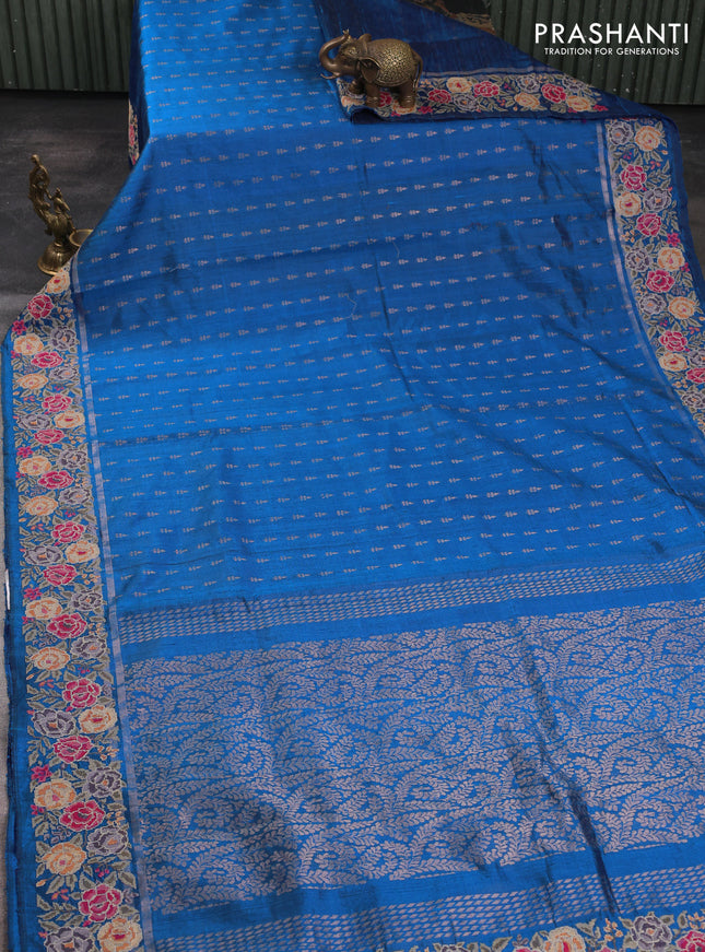 Pure dupion silk saree cs blue with allover zari woven buttas and zari woven floral embroidery border