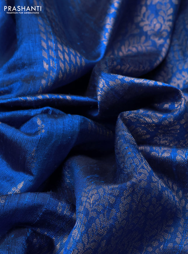 Pure dupion silk saree cs blue with allover zari woven buttas and zari woven floral embroidery border
