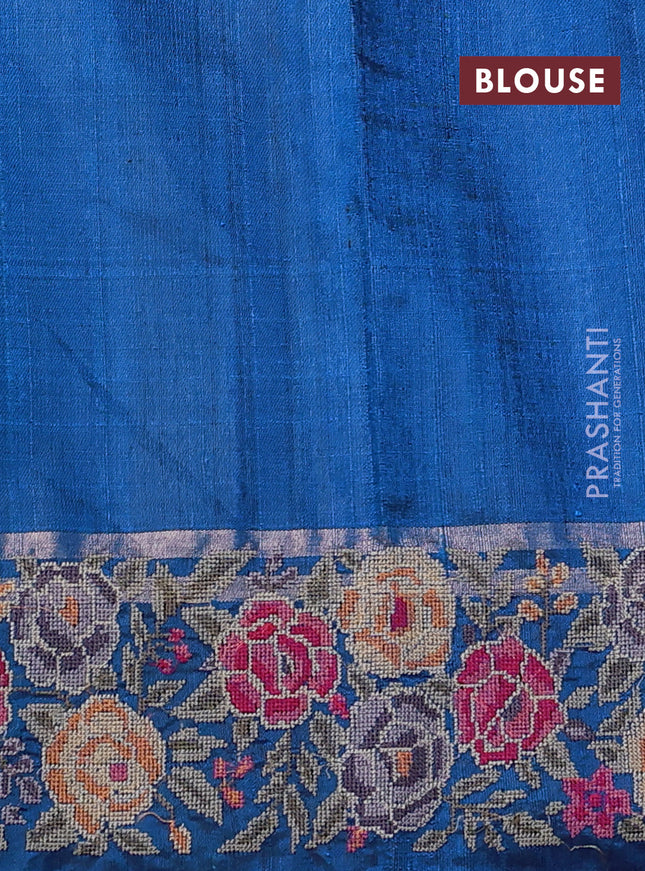 Pure dupion silk saree cs blue with allover zari woven buttas and zari woven floral embroidery border