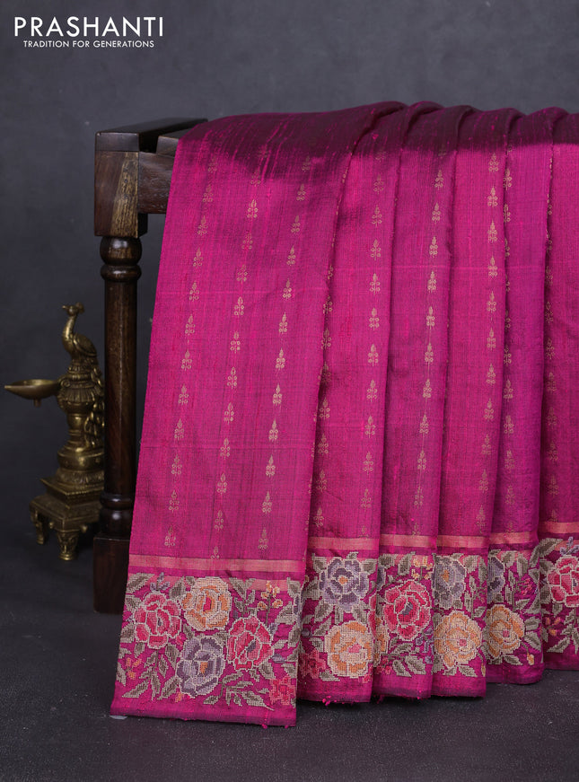 Pure dupion silk saree pink with allover zari woven buttas and zari woven floral embroidery border
