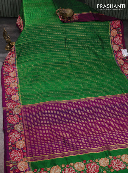Pure dupion silk saree green and purple with allover zari weaves and zari woven floral embroidery border