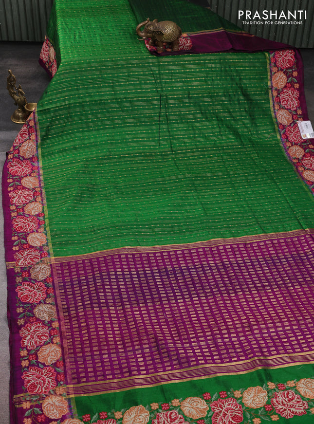 Pure dupion silk saree green and purple with allover zari weaves and zari woven floral embroidery border