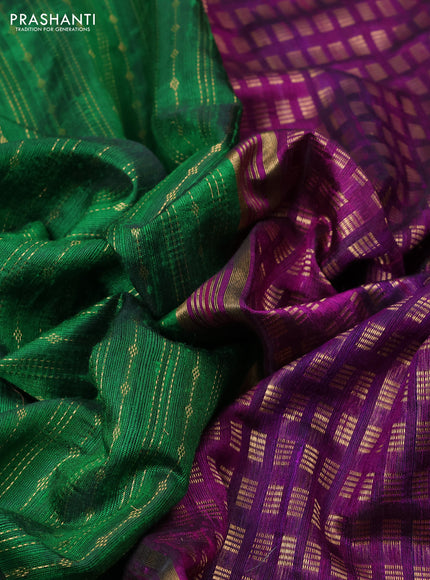 Pure dupion silk saree green and purple with allover zari weaves and zari woven floral embroidery border
