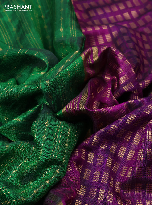 Pure dupion silk saree green and purple with allover zari weaves and zari woven floral embroidery border