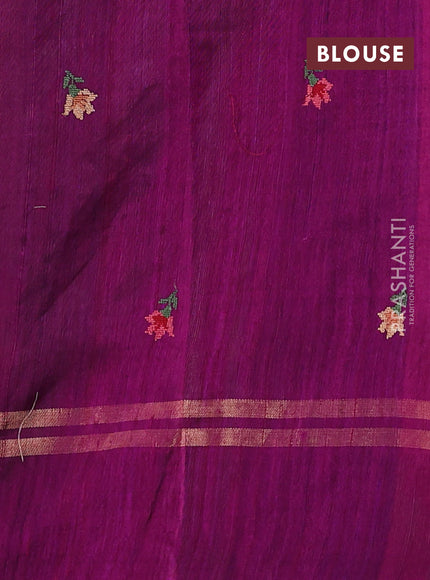 Pure dupion silk saree green and purple with allover zari weaves and zari woven floral embroidery border