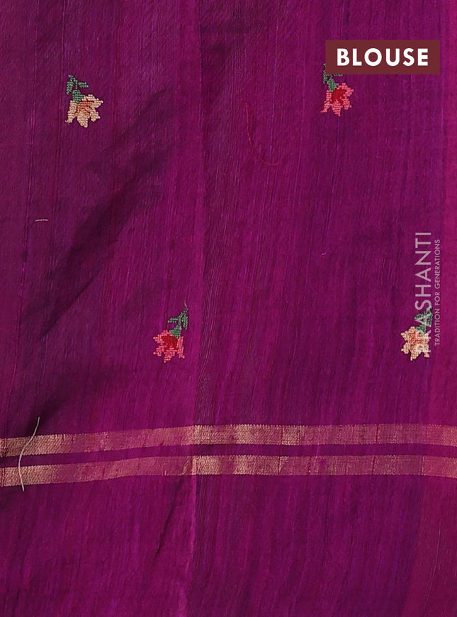 Pure dupion silk saree green and purple with allover zari weaves and zari woven floral embroidery border