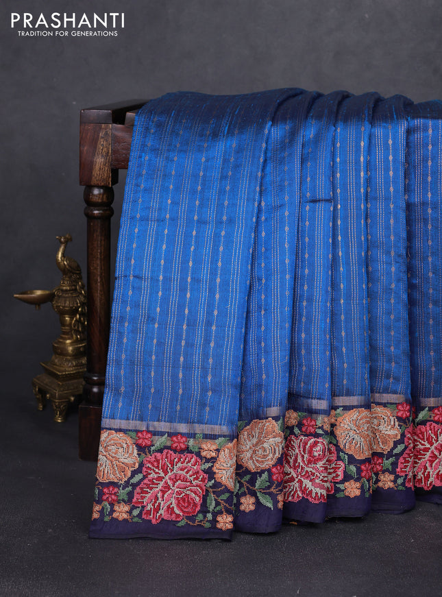 Pure dupion silk saree cs blue and deep violet with allover zari weaves and zari woven floral embroidery border