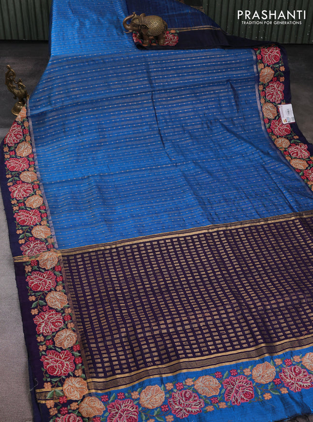 Pure dupion silk saree cs blue and deep violet with allover zari weaves and zari woven floral embroidery border