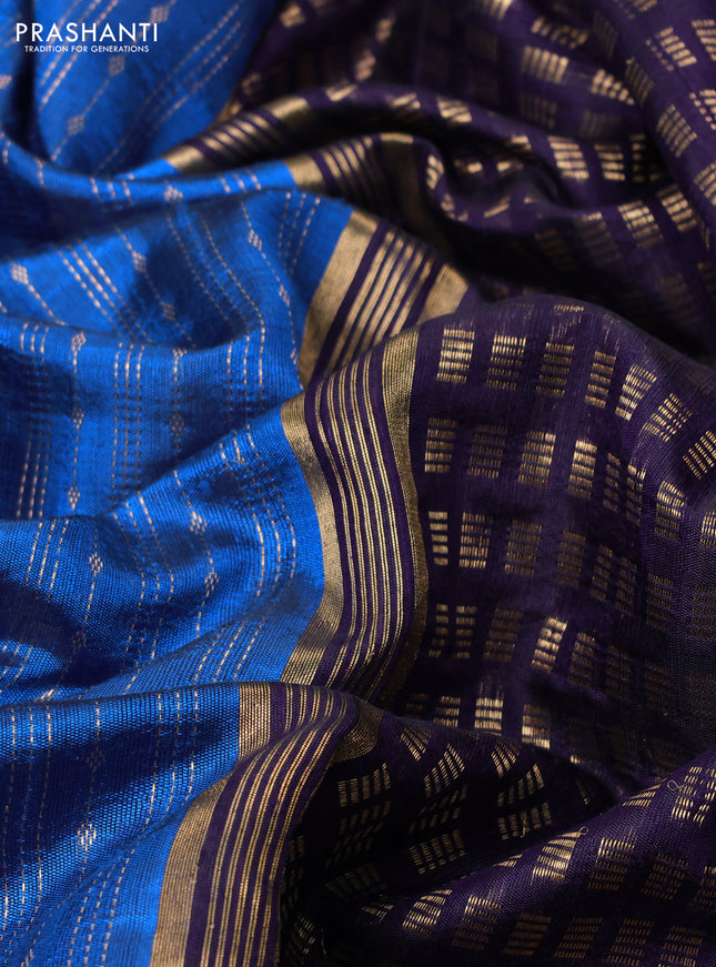 Pure dupion silk saree cs blue and deep violet with allover zari weaves and zari woven floral embroidery border