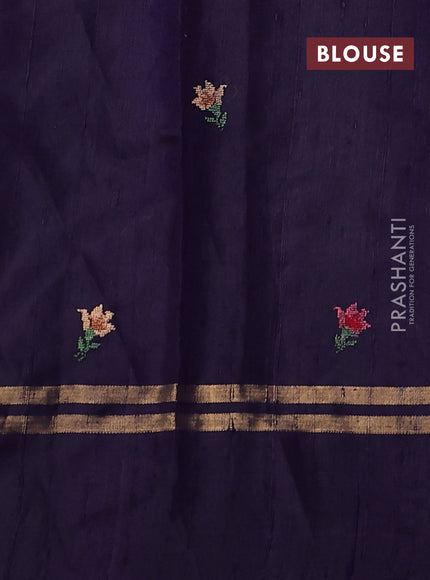 Pure dupion silk saree cs blue and deep violet with allover zari weaves and zari woven floral embroidery border