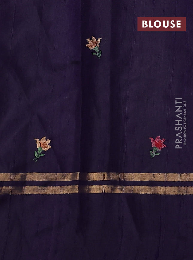 Pure dupion silk saree cs blue and deep violet with allover zari weaves and zari woven floral embroidery border