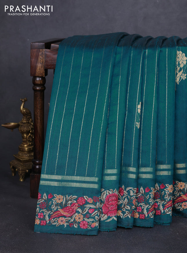 Pure dupion silk saree teal green with allover zari weaves & buttas and zari woven embroidery border