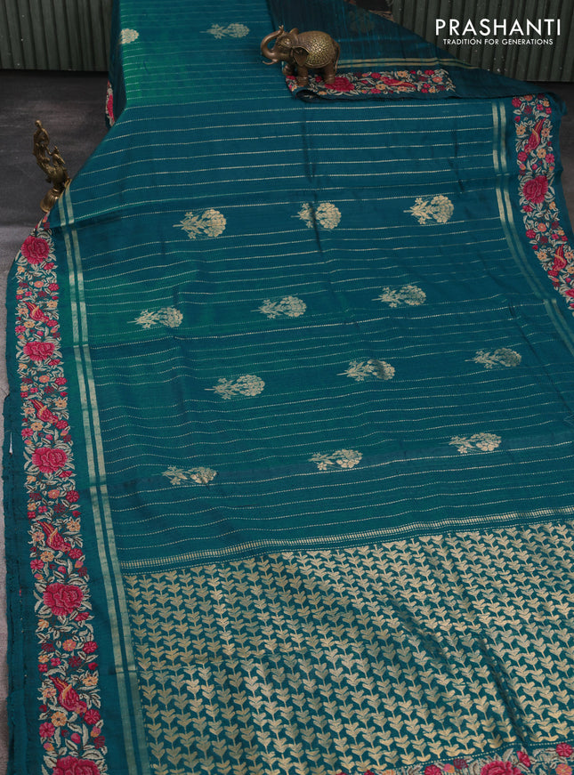 Pure dupion silk saree teal green with allover zari weaves & buttas and zari woven embroidery border
