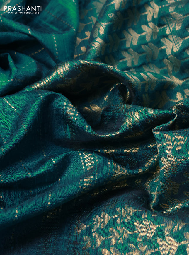 Pure dupion silk saree teal green with allover zari weaves & buttas and zari woven embroidery border