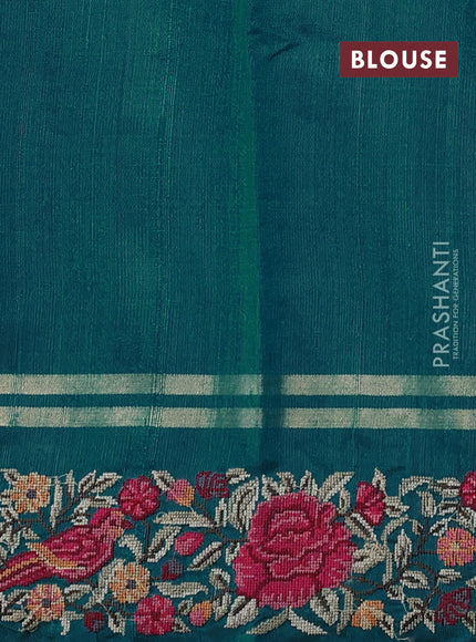 Pure dupion silk saree teal green with allover zari weaves & buttas and zari woven embroidery border