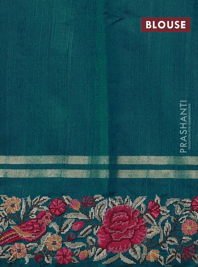 Pure dupion silk saree teal green with allover zari weaves & buttas and zari woven embroidery border