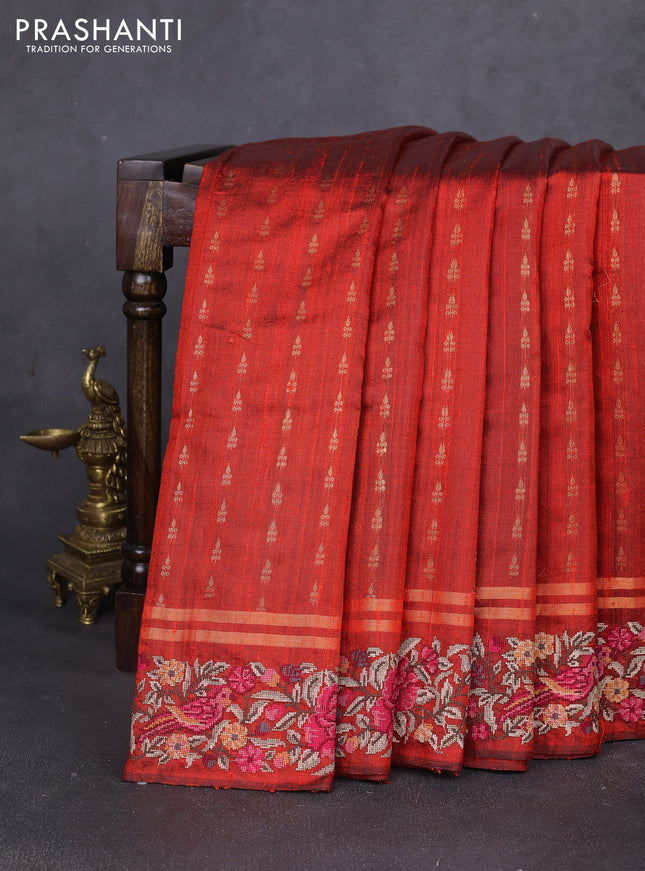 Pure dupion silk saree rustic orange with allover zari woven buttas and zari woven embroidery border