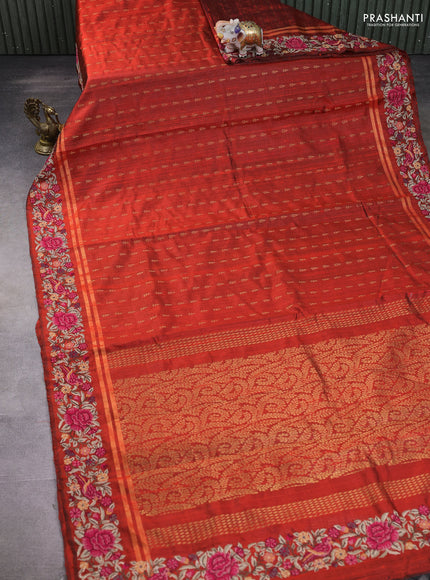 Pure dupion silk saree rustic orange with allover zari woven buttas and zari woven embroidery border