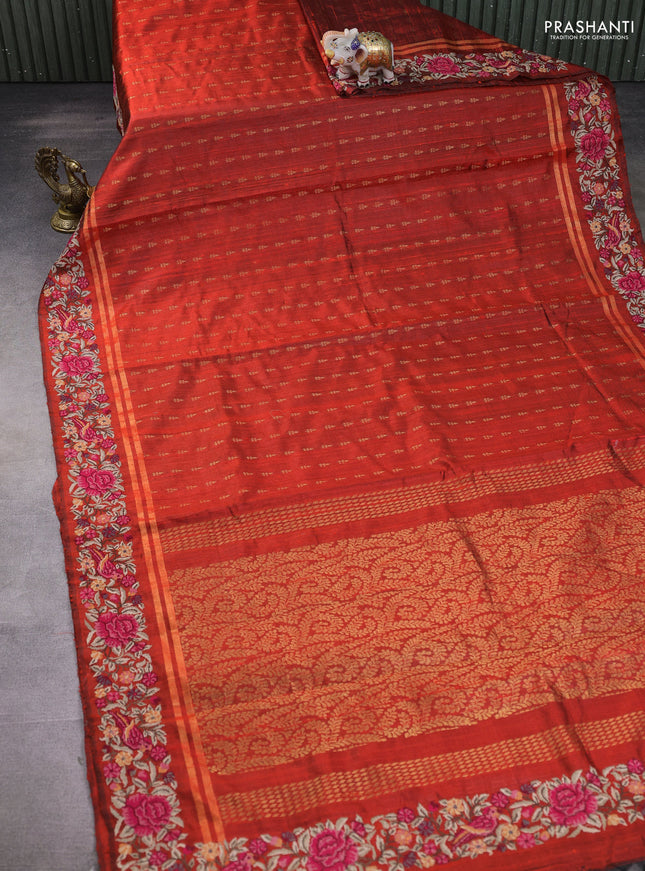 Pure dupion silk saree rustic orange with allover zari woven buttas and zari woven embroidery border
