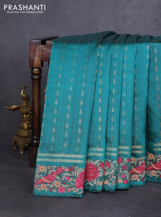 Pure dupion silk saree teal green with allover zari woven buttas and zari woven embroidery border