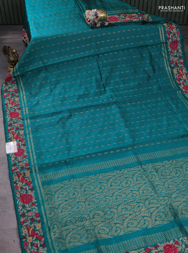 Pure dupion silk saree teal green with allover zari woven buttas and zari woven embroidery border