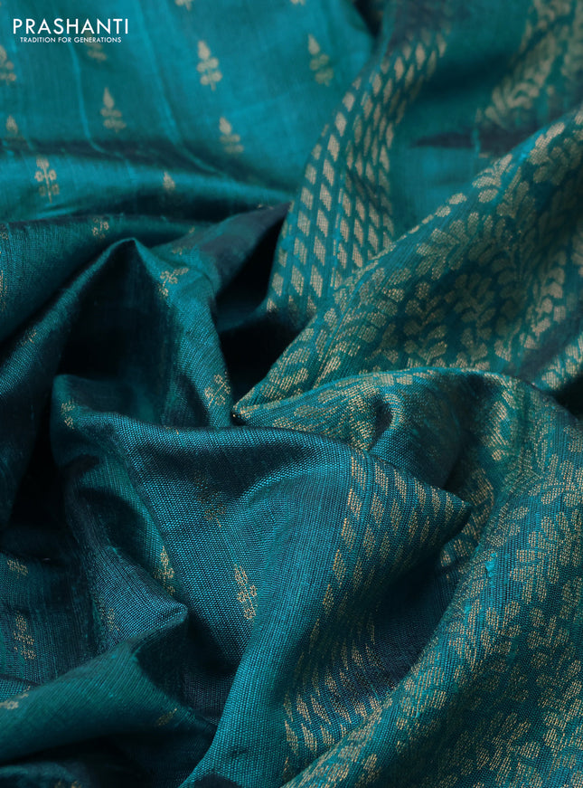 Pure dupion silk saree teal green with allover zari woven buttas and zari woven embroidery border