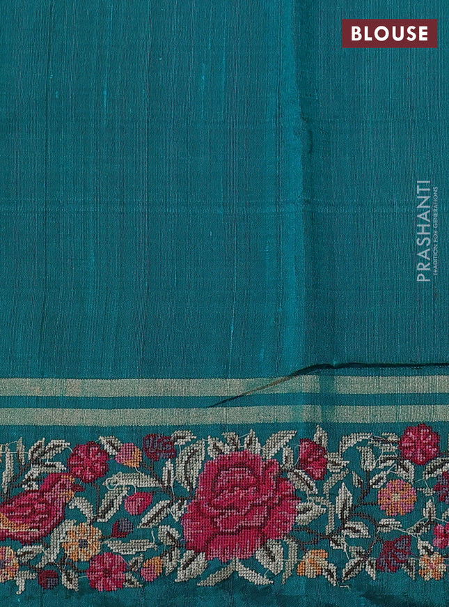 Pure dupion silk saree teal green with allover zari woven buttas and zari woven embroidery border