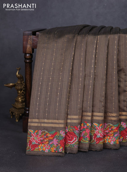 Pure dupion silk saree olive green with allover zari weaves and zari woven embroidery border