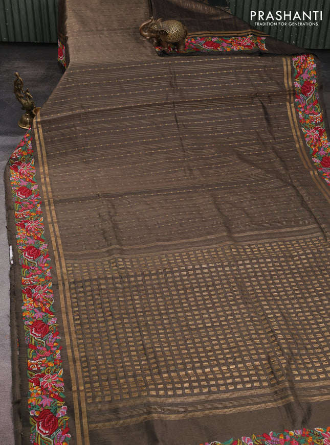 Pure dupion silk saree olive green with allover zari weaves and zari woven embroidery border