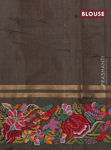 Pure dupion silk saree olive green with allover zari weaves and zari woven embroidery border