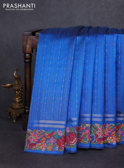 Pure dupion silk saree cs blue with allover zari weaves and zari woven embroidery border
