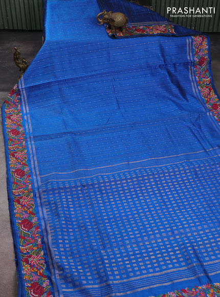 Pure dupion silk saree cs blue with allover zari weaves and zari woven embroidery border