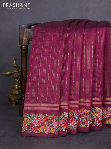 Pure dupion silk saree dark magenta pink with allover zari weaves and zari woven embroidery border