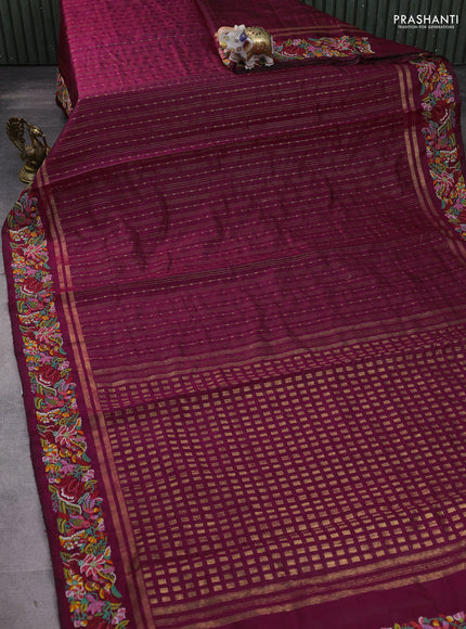 Pure dupion silk saree dark magenta pink with allover zari weaves and zari woven embroidery border