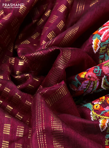 Pure dupion silk saree dark magenta pink with allover zari weaves and zari woven embroidery border